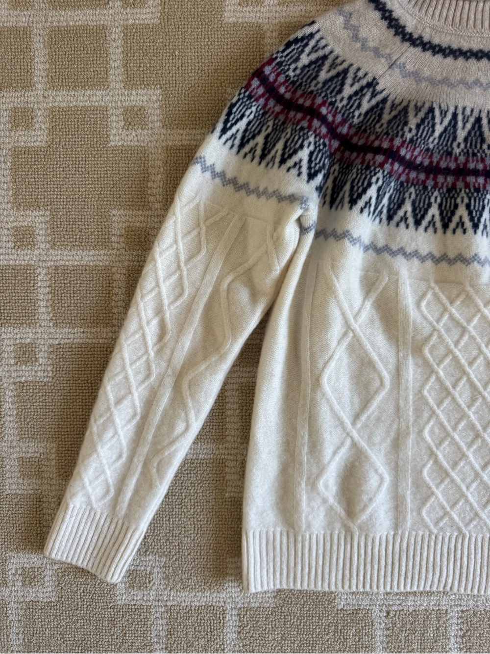 Orvis 100% Cashmere Fair Isle Cable Knit Turtleneck Sweater Ivory Medium - Picture 7 of 10